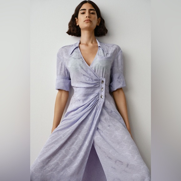 GANNI Jacquard Satin Wrap Midi Dress, Lilac Cosmic Sky, FR34/US2 - Picture 3 of 12